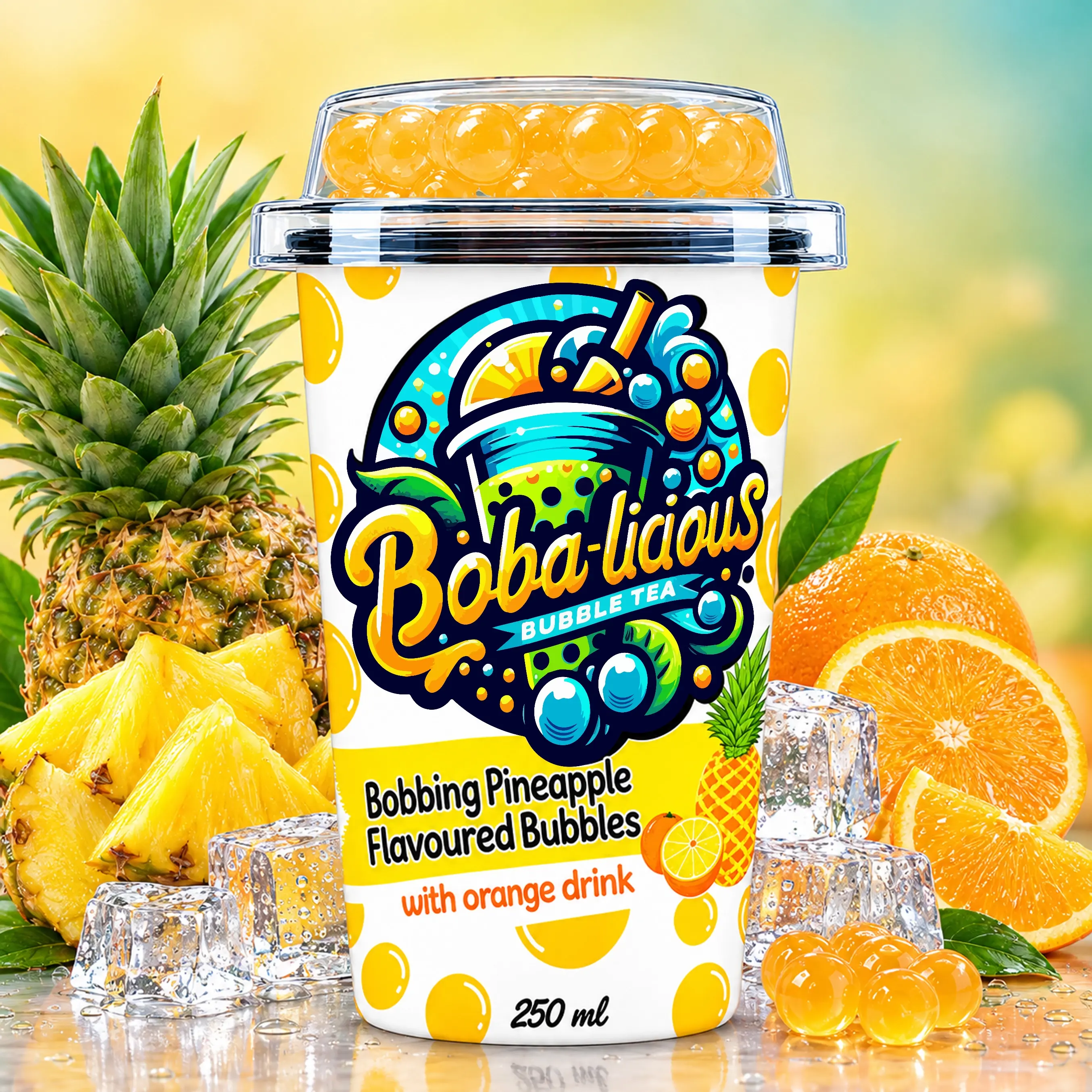 BUBBLE TEA Boba-licious 250 ml can with pineapple flavoured bubbles, orange drink, pineapple, orange and popping boba.